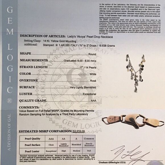 Akoya Pearl Necklace 14k Gold 8 mm 17" Hi Fashion Italy Certified $3,950 817023 - Picture 8 of 8